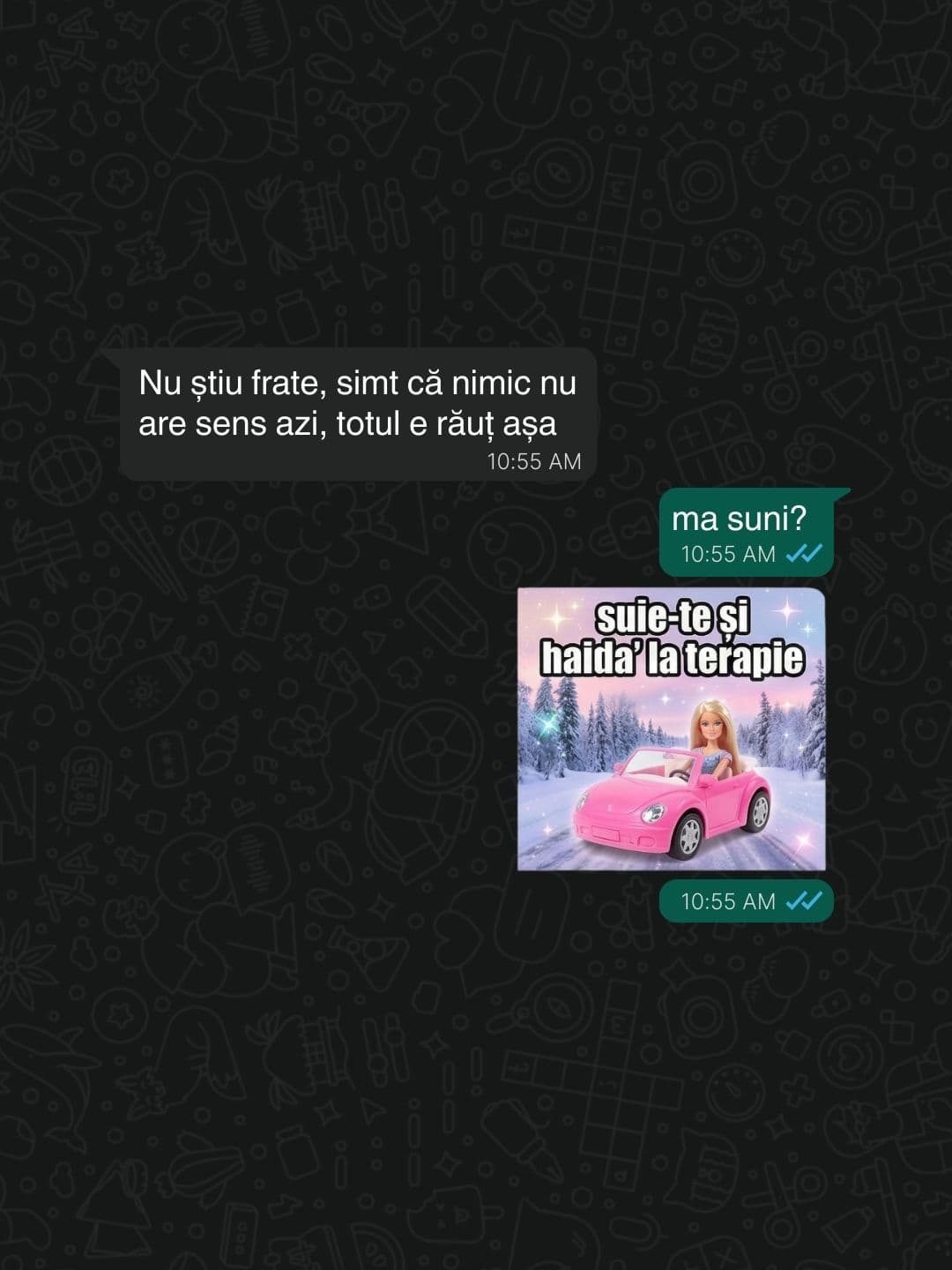 conversație whatsapp cu sticker "suie-te și haida' la terapie"