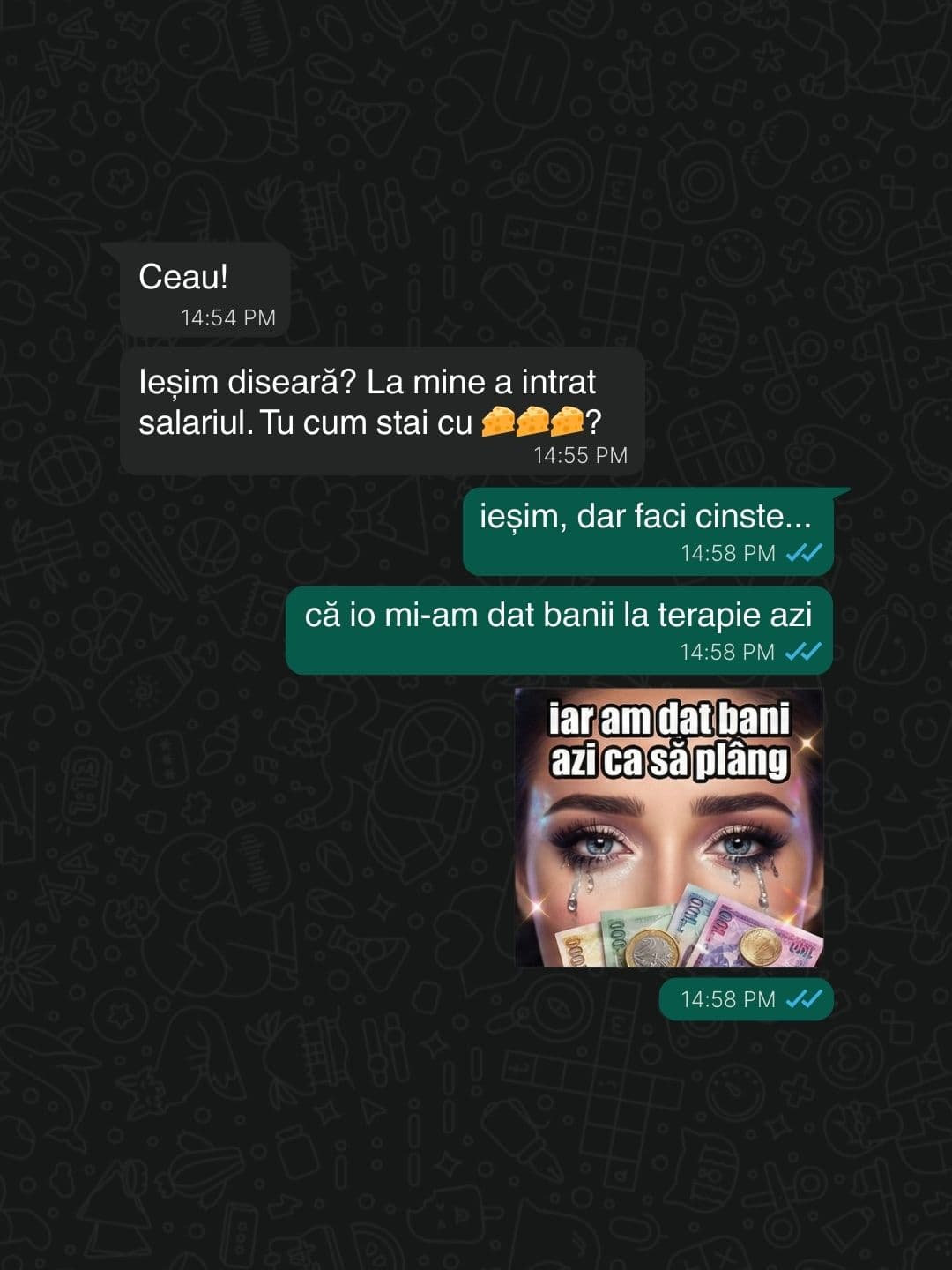 conversație whatsapp cu sticker "iar am dat bani azi ca să plâng"